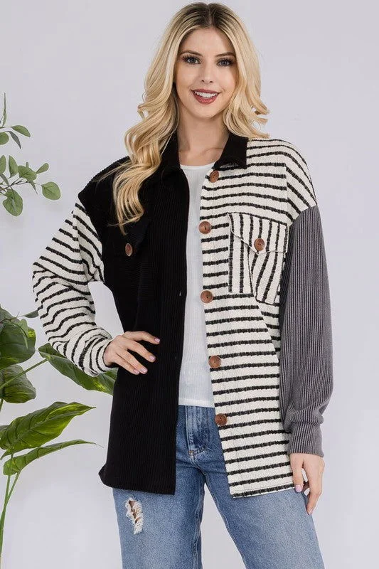 Celeste Striped Button Up Dropped Shoulder Shacket - Black Oversized Silk Blouse