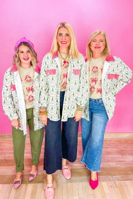 Christmas Tree Farm Shacket - Ivory/Green/Pink Frilled Cuff Blouse