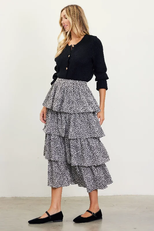 Dainty Floral Print Ruffle Midi Skirt leather skirt modern