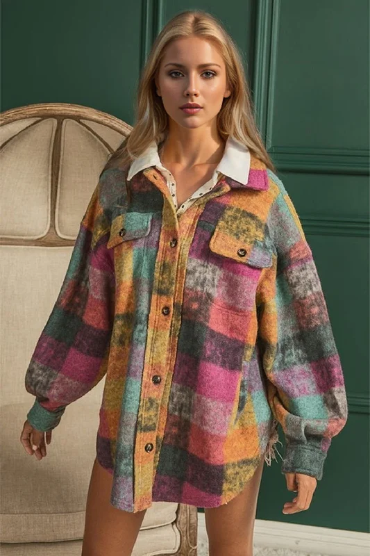 Double Take Full Size Button Up Plaid Fleece Shacket with Pockets Semi-Sheer Blouse