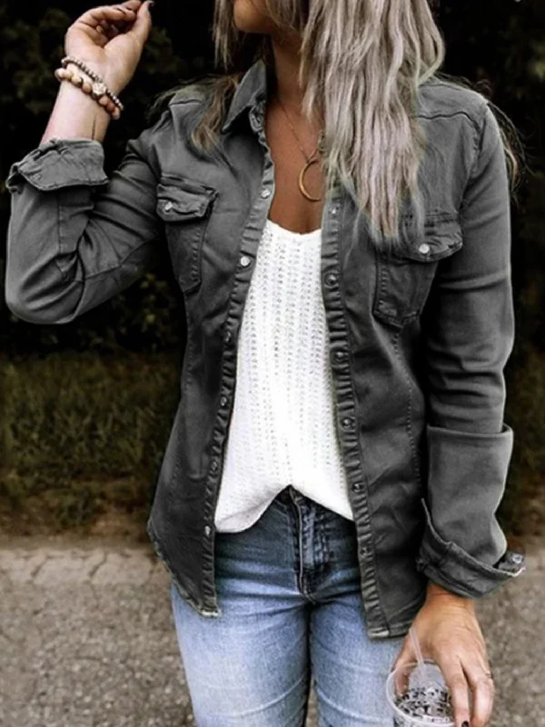 Double Take Full Size Snap Down Long Sleeve Shacket Pleated Collar Blouse