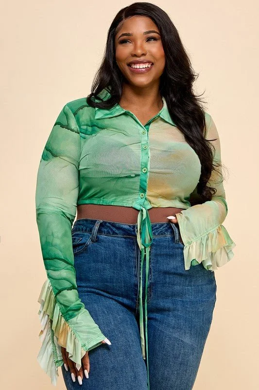 Eboni mesh green crop blouse Playful Puff Blouse