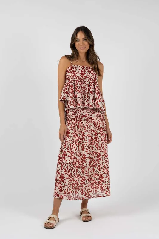 Eden Rouched Skirt in Brick Print HS24316 by Humidity Lifestyle silk skirt lustrous