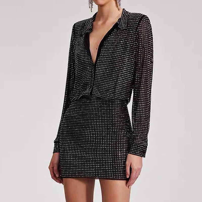 Elegant 2 pc Mesh Rhinestone Shirt and Skirt Set leather skirt bold