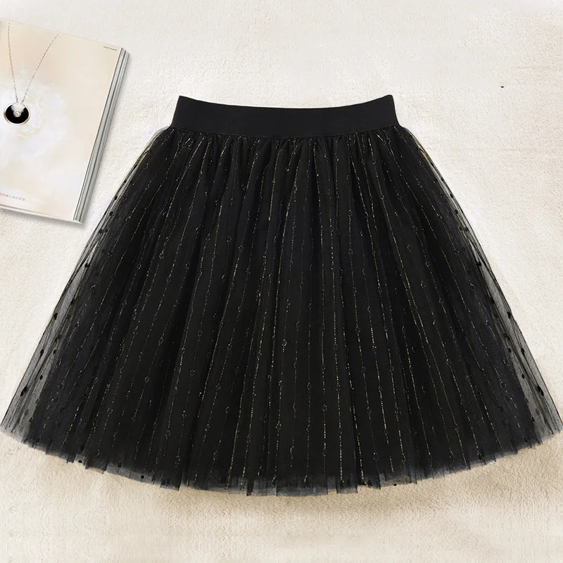 Elegant Black A Line tulle Sequins Skirts Summer cashmere skirt soft