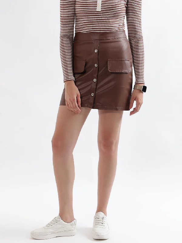 Elle Women Brown Solid Fitted Pencil Skirt casual skirt length