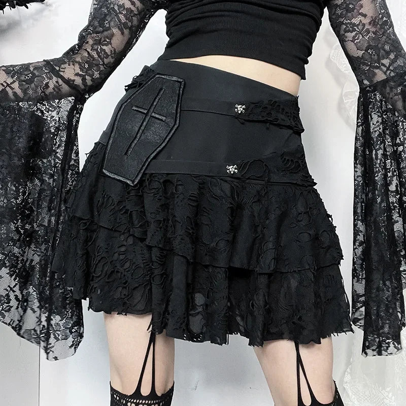 Gothic Style Sexy Lace Cake for Summer 2024 Women with Versatile Ripped Hole Fabric Skirt chiffon skirt airy
