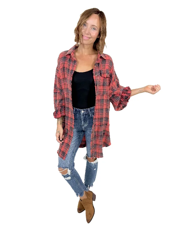 Fenton Oversized Plaid Button Shacket- FADED CORAL RED Smart Casual Blouse