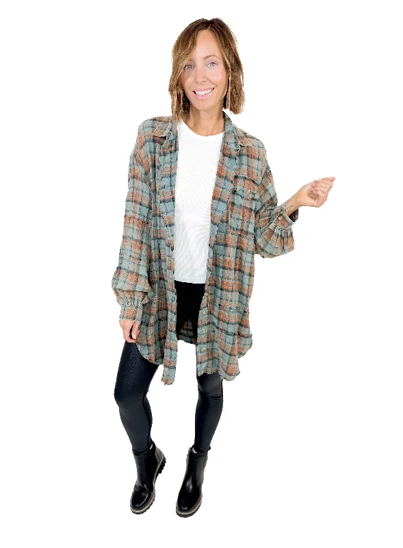 Fenton Oversized Plaid Button Shacket- VINTAGE TEAL Classic Minimalist Blouse
