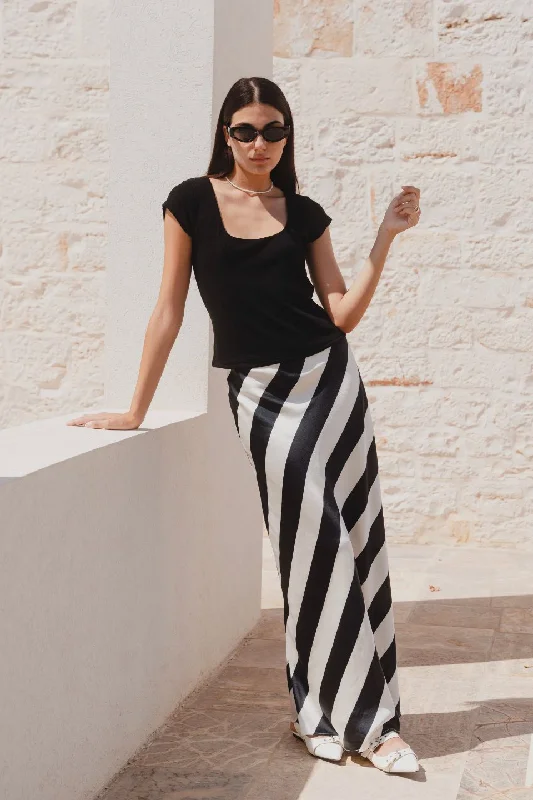 Fiery Black Stripe Satin Bias Maxi Skirt corduroy skirt textured
