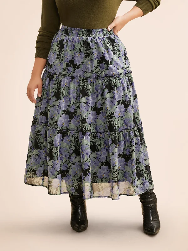 Floral Ruffle Layered Hem Skirt velvet skirt rich