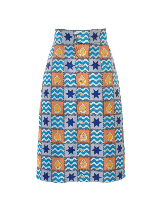 Frankie Blue Patchwork Print Silk Jacquard Midi Skirt chiffon skirt floaty
