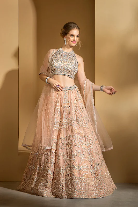 Blush Pink Halter Neck embroidered top with skirt and scarf ribbed skirt waist