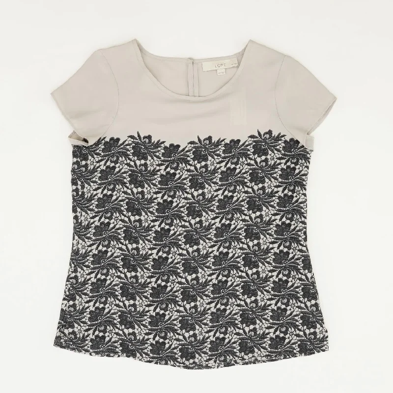 Gray Graphic Short Sleeve Blouse Pleated Collar Blouse