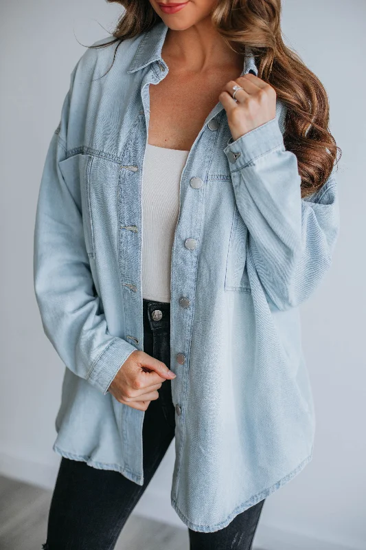 Grayson Risen Denim Shacket - Light Wash Chic Ruffle Blouse