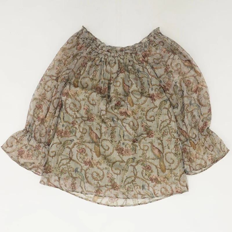 Green Floral Long Sleeve Blouse Airy Cotton Blouse