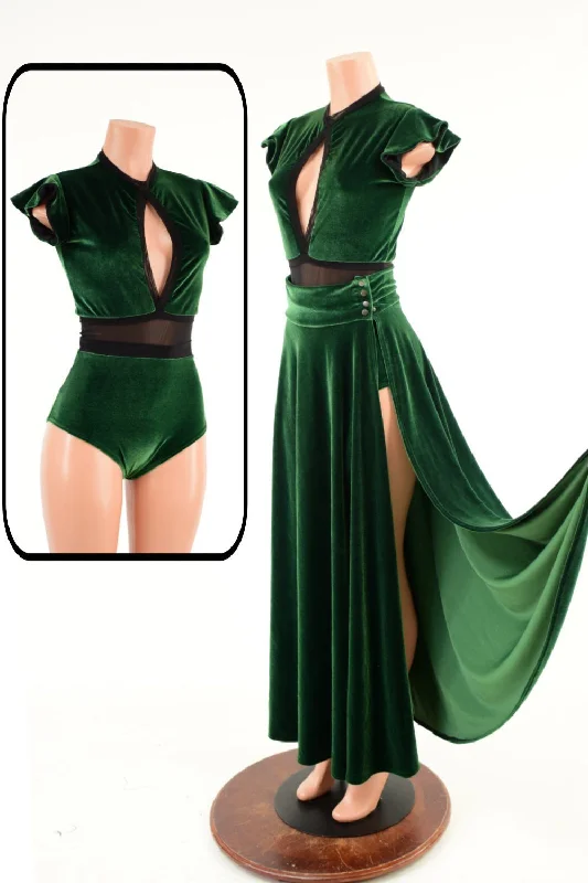 Green Velvet Romper & Break Away Skirt Set ruffled skirt detail