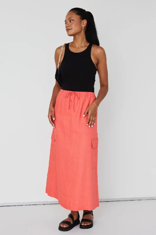 Invincible Coral Linen Elastic Waist Front Pocket Maxi Skirt belted skirt waist