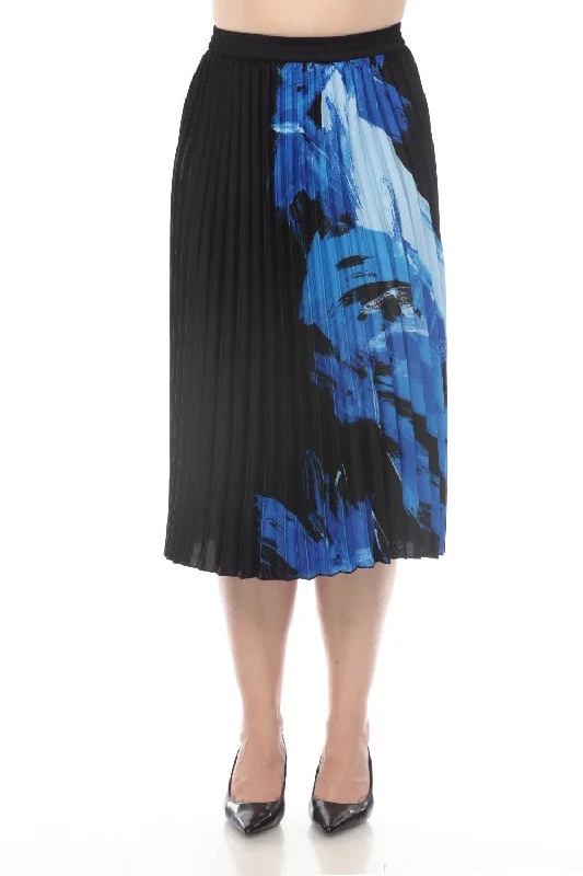 Joseph Ribkoff Black/Blue Brushstroke Print Pleated Pull On Midi Skirt 241930 boho skirt vibe