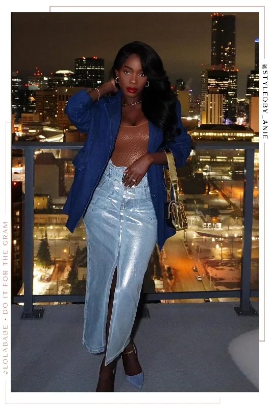 Kendra Metallic Maxi Skirt - Denim silk skirt sleek