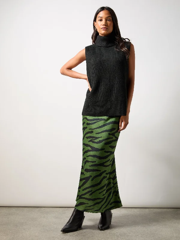 Green Zebra Print Bias Cut Maxi Skirt elastic waist skirt