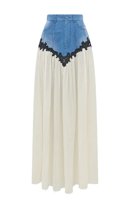 Leigh Lace Maxi Skirt in Light Blue Recycled Cotton Linen Denim lace skirt romantic