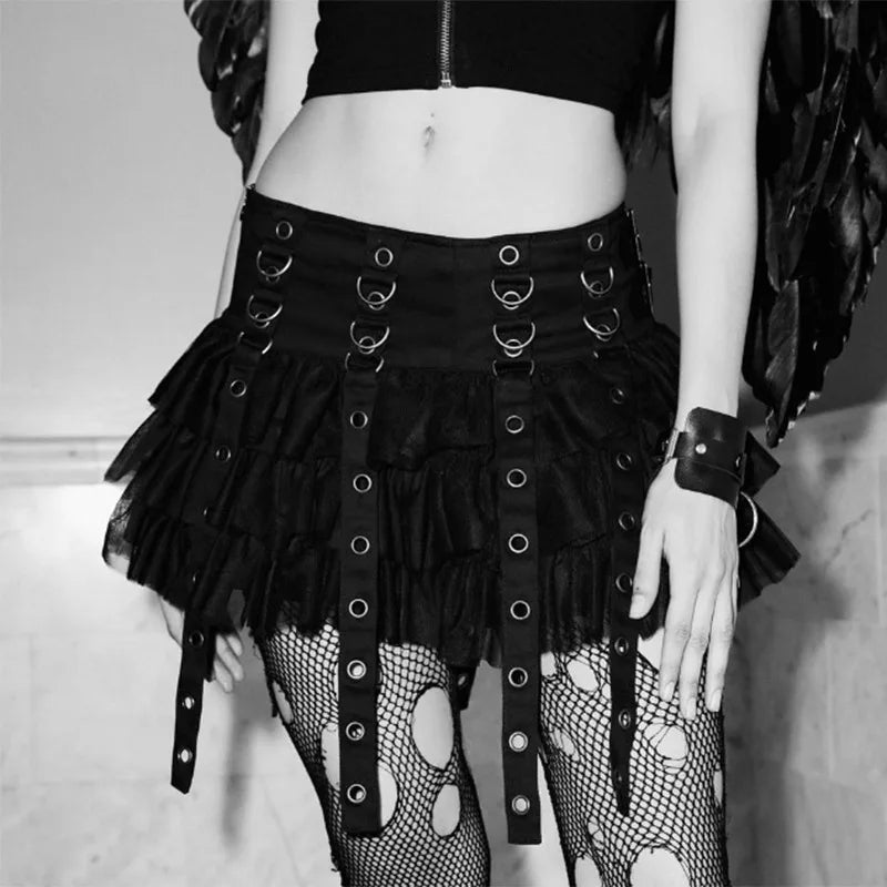 Mall Goth Black Pleated Mini with Chain Women's High Waisted Tennis Fairy Grunge Aesthetic E Girl Skirt chiffon skirt floaty