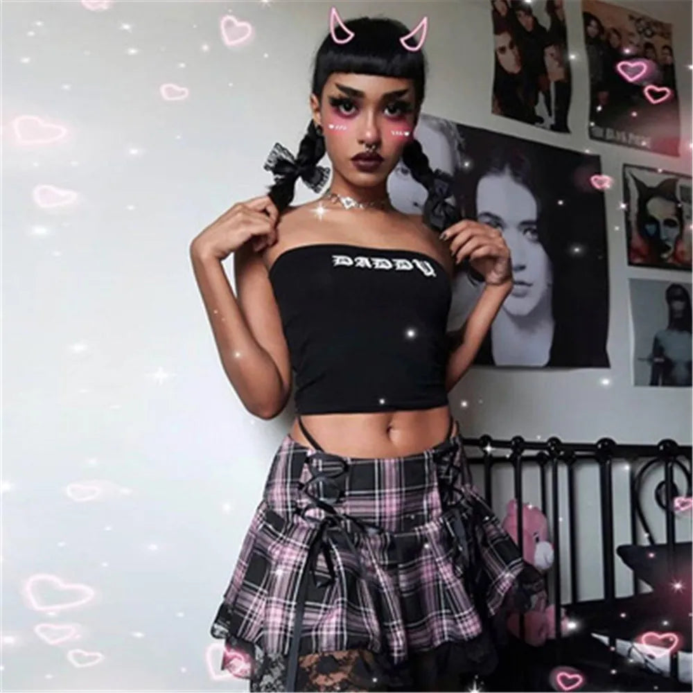 Mall Gothic Grunge Summer Mini Women Y2K Vintage Lace Harajuku Streetwear High Waist Bandage Sexy Skirt linen skirt natural