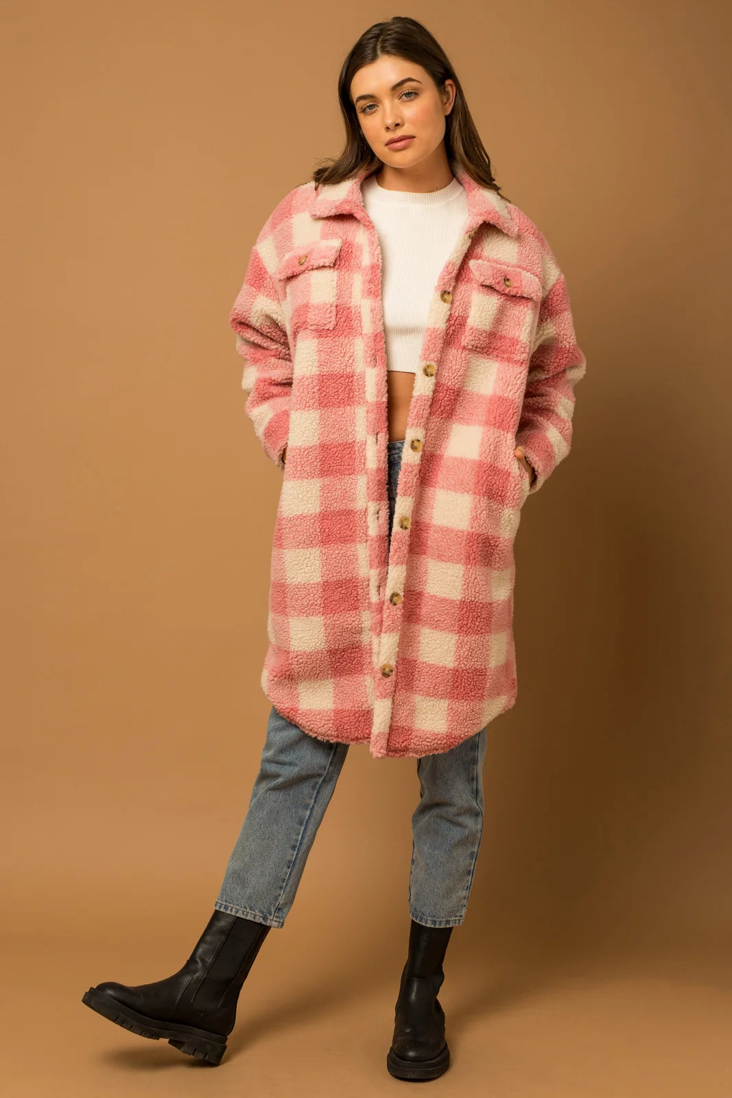 Sherpa Two Front Pocket Plaid Shacket Vintage Polka Blouse