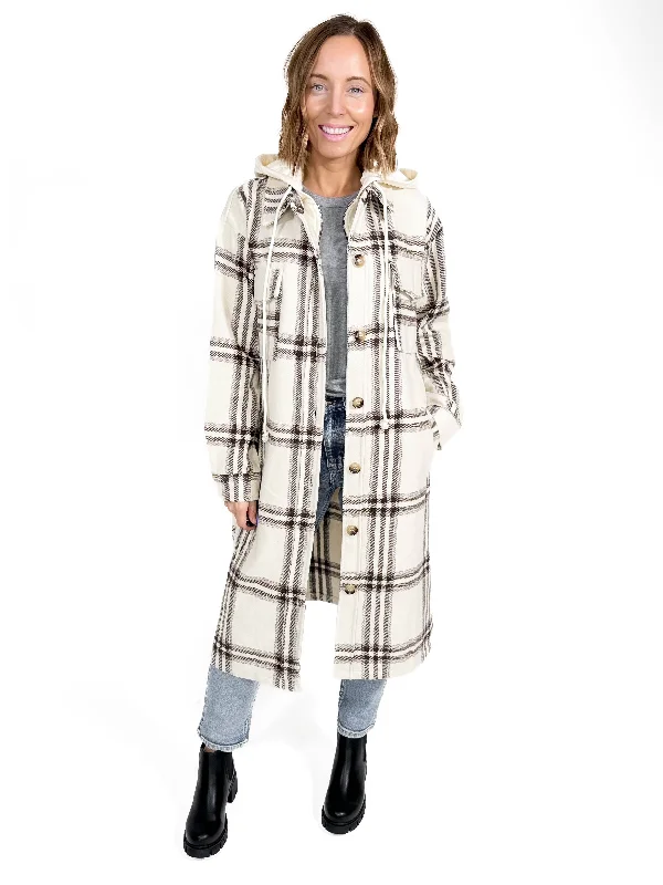 Fireside Twofer Hoodie Shacket- CREAM PLAID Elegant Peplum Blouse