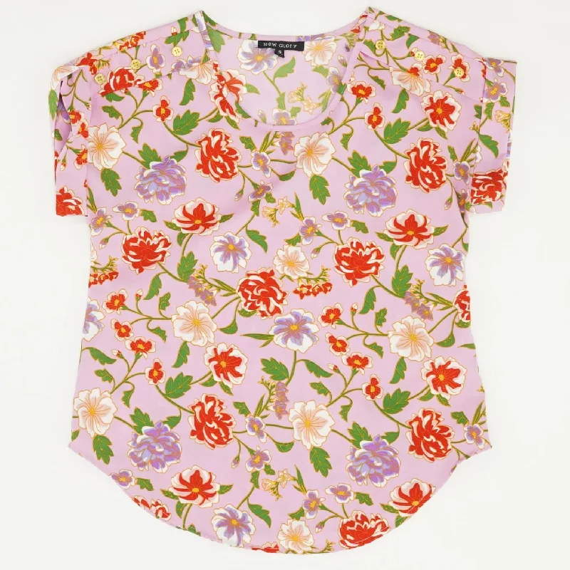 Pink Floral Short Sleeve Blouse Delicate Bow Blouse