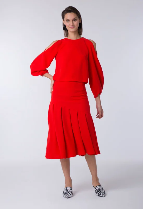 Pleated Slant Hem Skirt button skirt front
