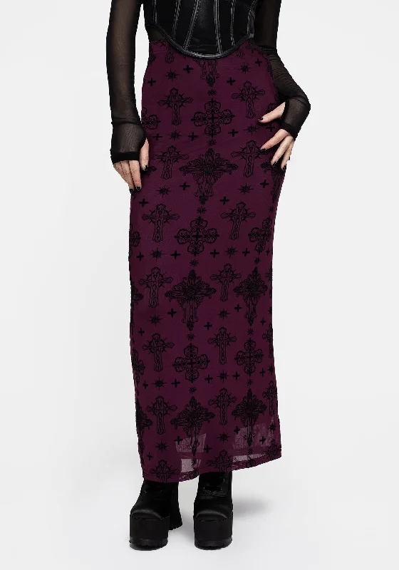 Priestess Flocked Mesh Maxi Skirt - Purple wrap skirt elegant