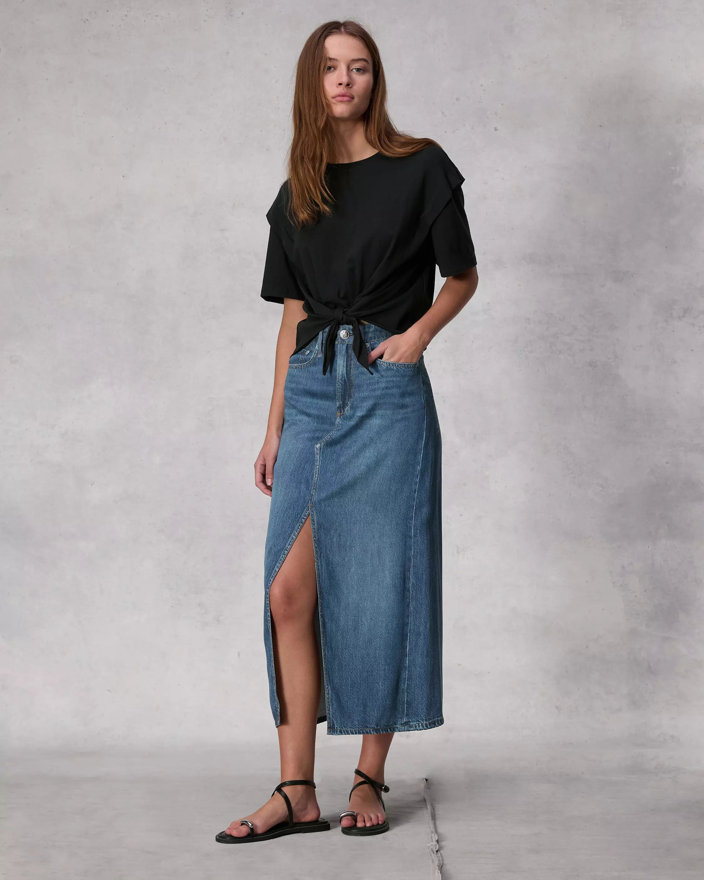 R&B Liquid Miramar Clara Midi Skirt in Cameron asymmetrical skirt cut