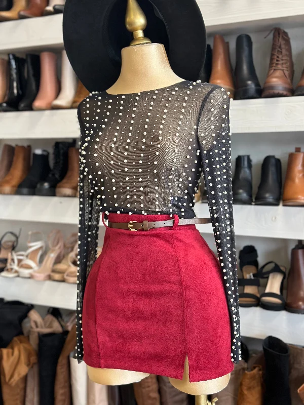 Red Suede Mini Skirt with Belt relaxed fit skirt