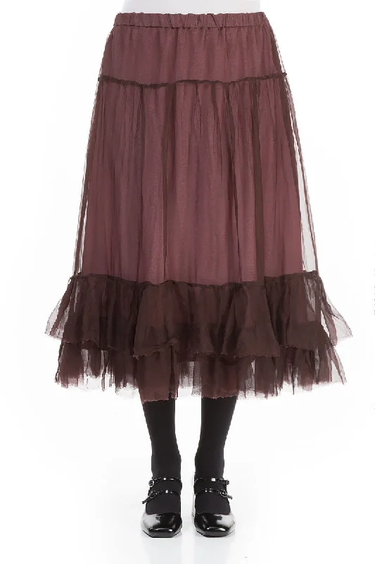 Ruffled Merlot Silk Chiffon Midi Skirt leather skirt sleek