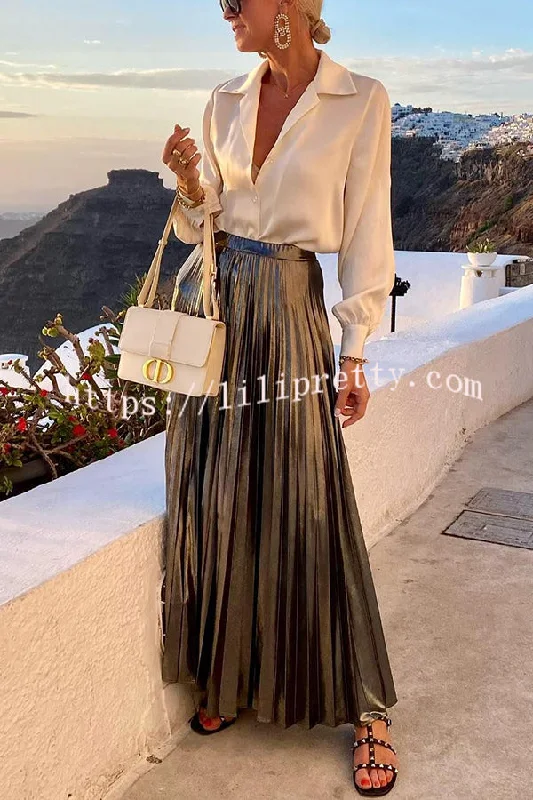 Fashionable Metallic Pleated Back Elastic Waist Maxi Skirt flowy skirt hem