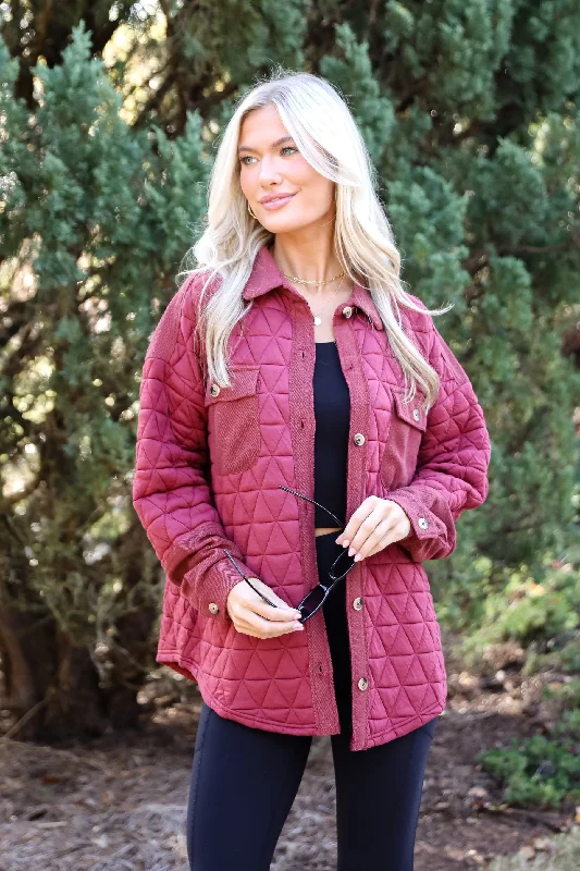 Seasonal Cuteness Brick Quilted Shacket - DOORBUSTER Elegant Embroidery Blouse