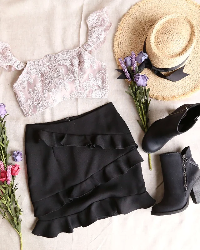 Sharon Ruffle Bodycon Mini Skirt in Black lace skirt intricate