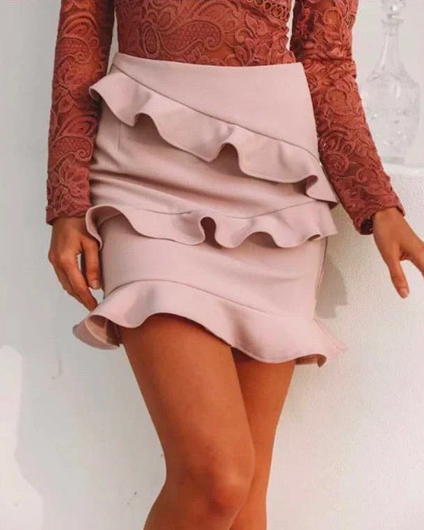 Sharon Ruffle Bodycon Mini Skirt in Mauve zip skirt side