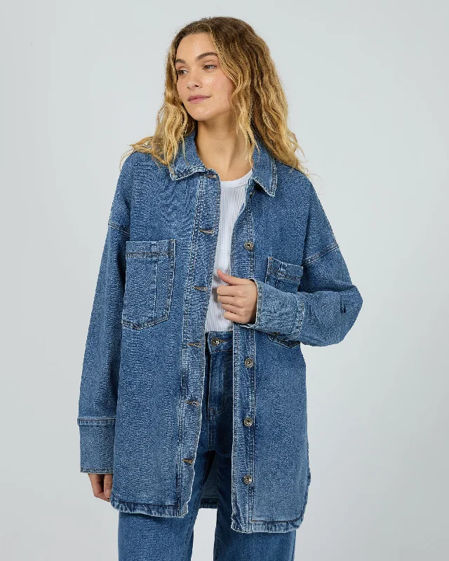 Silent Theory Jaye Shacket Mid Blue Subtle Shimmer Blouse