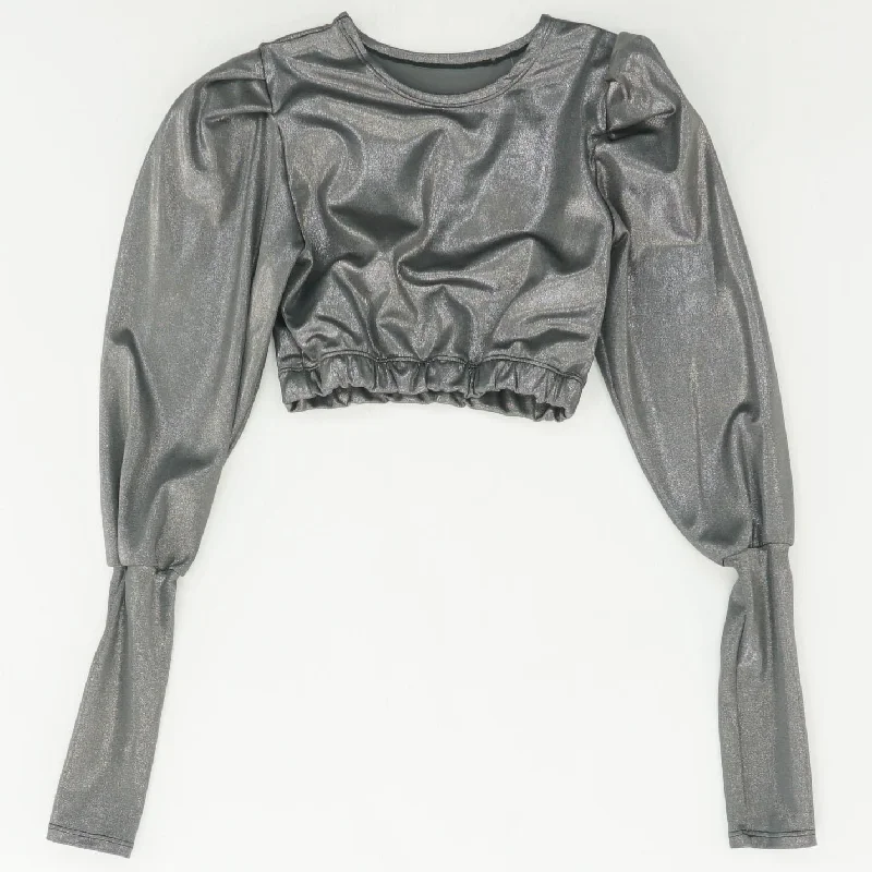 Silver Solid Long Sleeve Blouse Chic Off-Shoulder Blouse