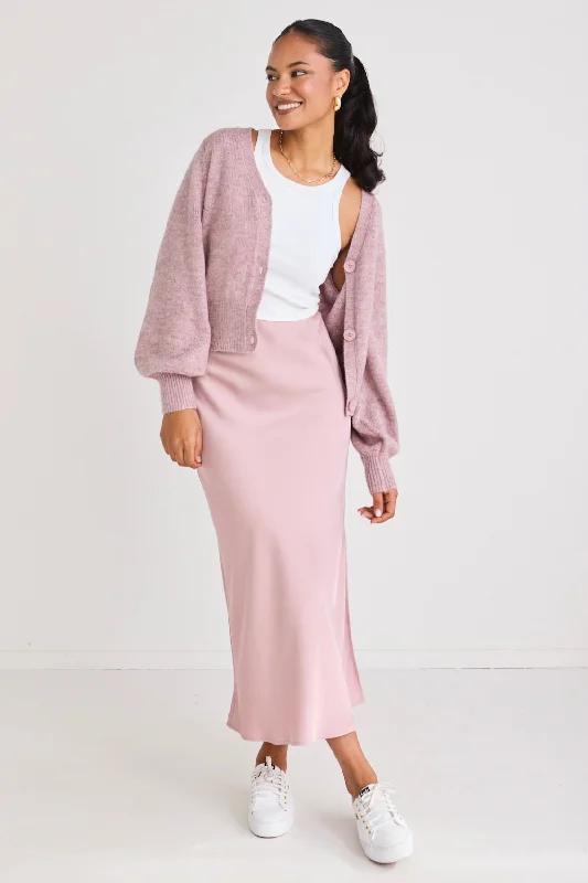 Stunning Blush Satin Side Split Bias Midi Skirt wool skirt warm