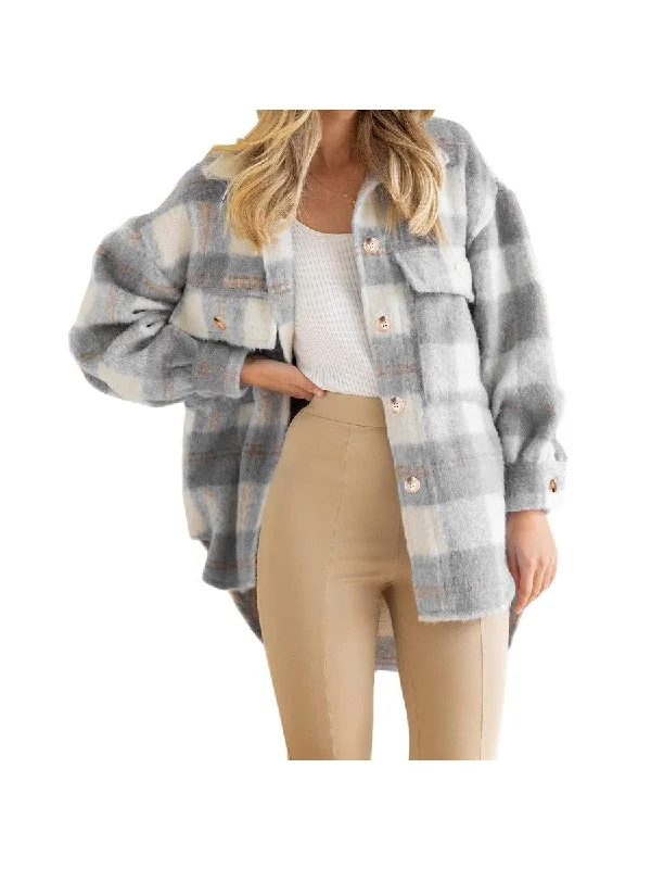 Stylish Plaid Shacket for Women Embellished Collar Blouse