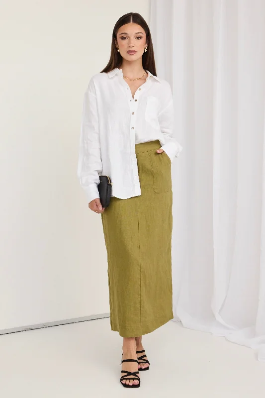 Tempt Pickle Linen Utilitarian Midi Skirt denim skirt trendy