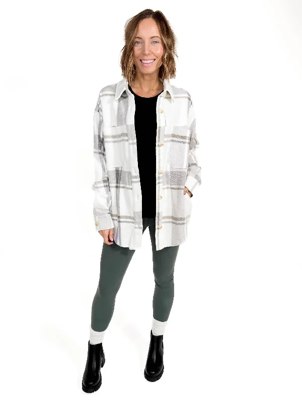 THREAD & SUPPLY Harvey Shacket- GREY PLAID Feminine Ruffle Blouse