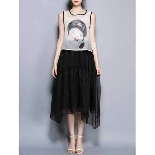 Printed Tank Top and Asymmetric Skirt Suit - White And Black S casual skirt length