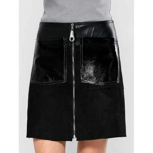 PU Leather Panel A Line Skirt With Pocket - Black L maxi skirt elegant