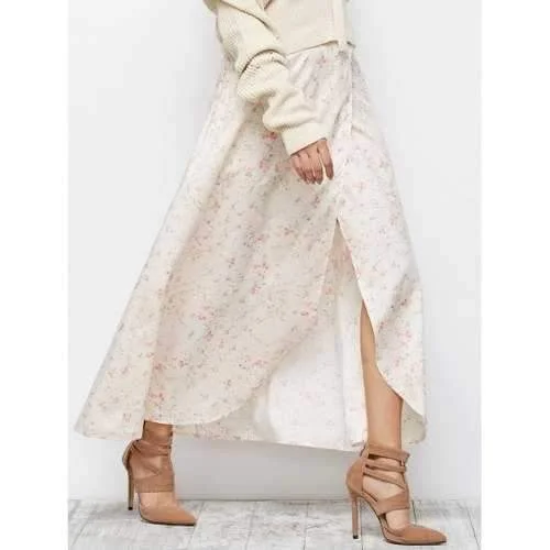Floral Asymmetric Slit Skirt - Pink L linen skirt relaxed