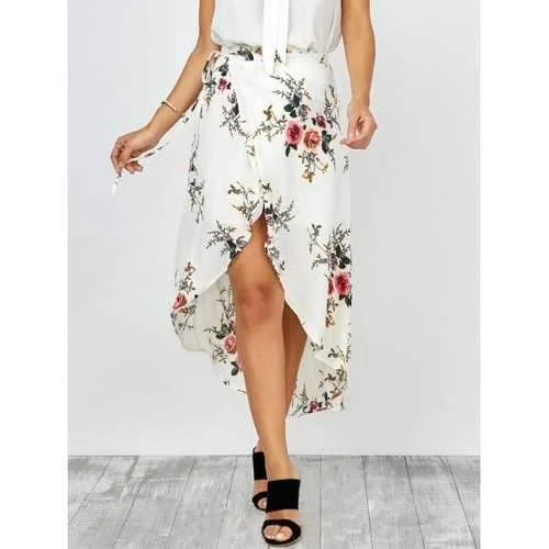 Floral Print Asymmetrical Wrap Skirt - White L velvet skirt luxury